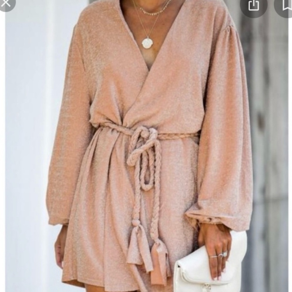 Storia Beige Shimmer Wrap Dress with Belt